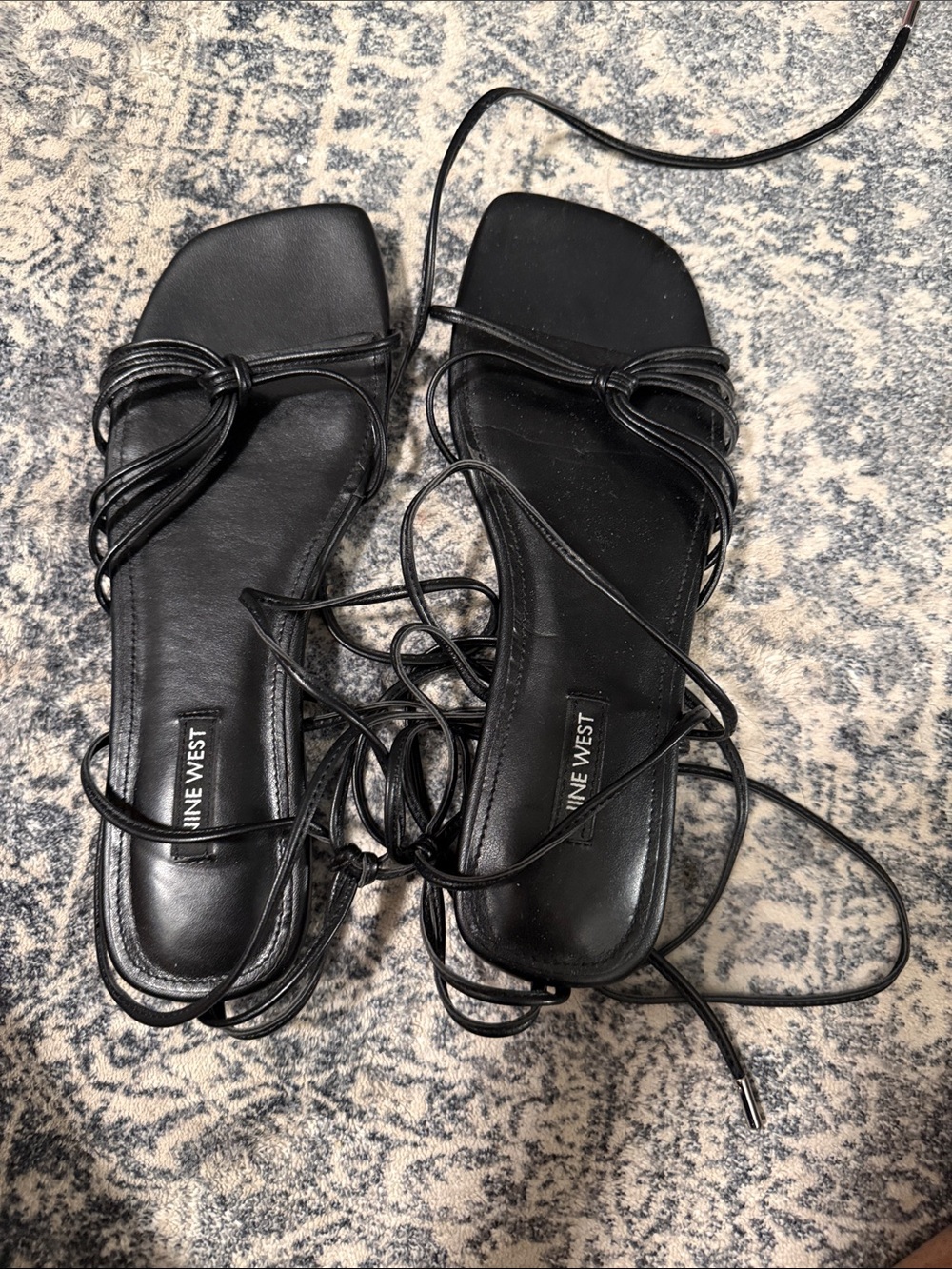 Nine West Black Strappy Lace-Up Square-Toe Sandals